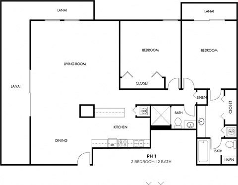 Floor plan for 2 beds, 2 baths, 1115 sqft